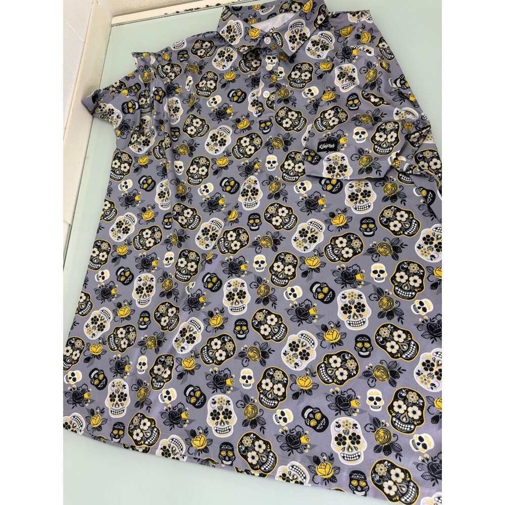 Kaipar Golf Polo Shirt Men 2XL XXL Sugar Skull Floral Día de los Muertos Stretch